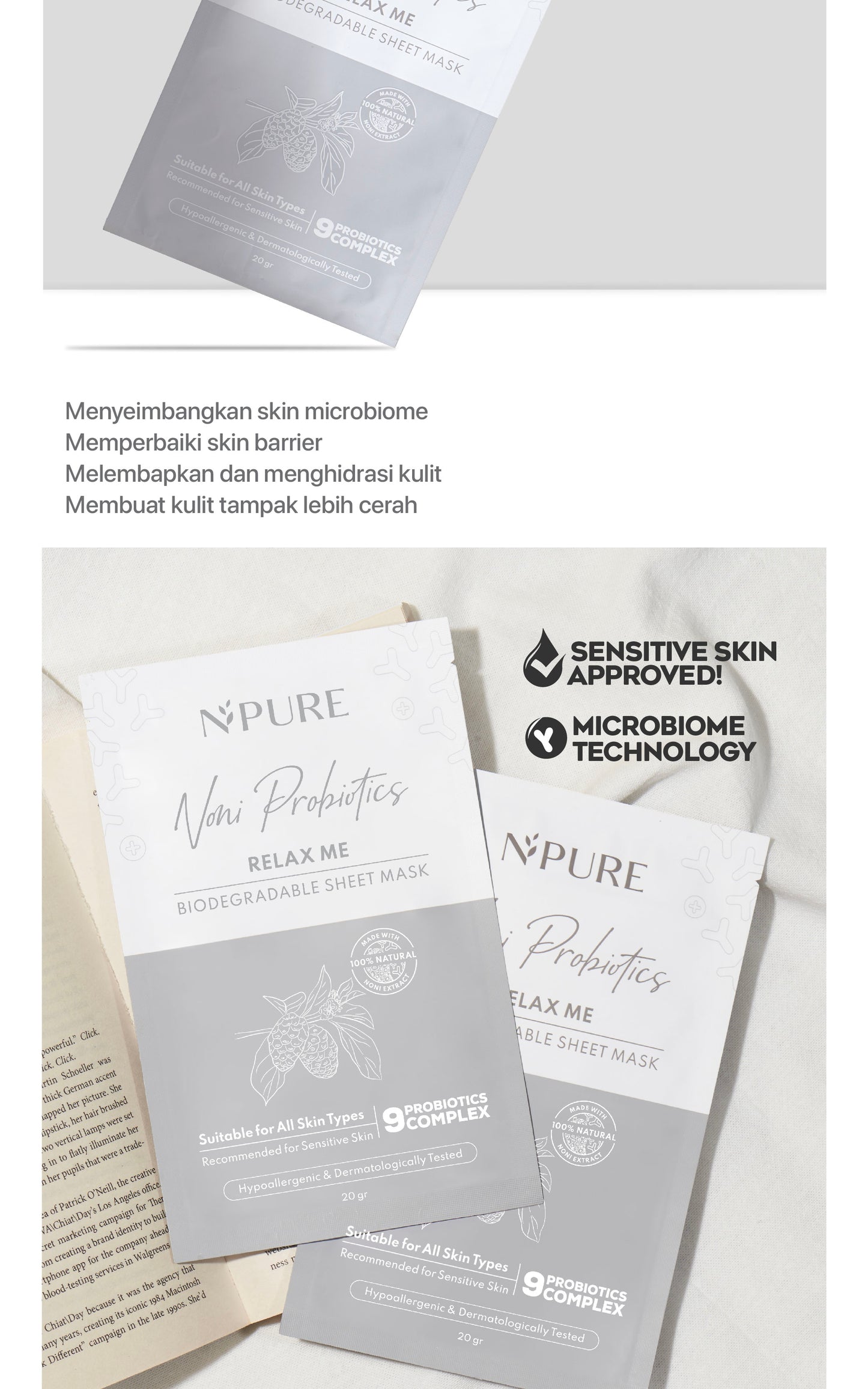 NPURE Sheet Mask Noni / Relax Me / Masker Wajah Kulit Sensitif Kemerahan Hypoallergenic / Biodegradable/ Ceramide