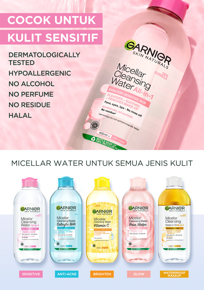 GARNIER Micellar Water Pink Skin Care 400ml Skincare Cleansing - Pembersih Wajah & Make up untuk Kulit Sensitif Micellar Cleansing Water