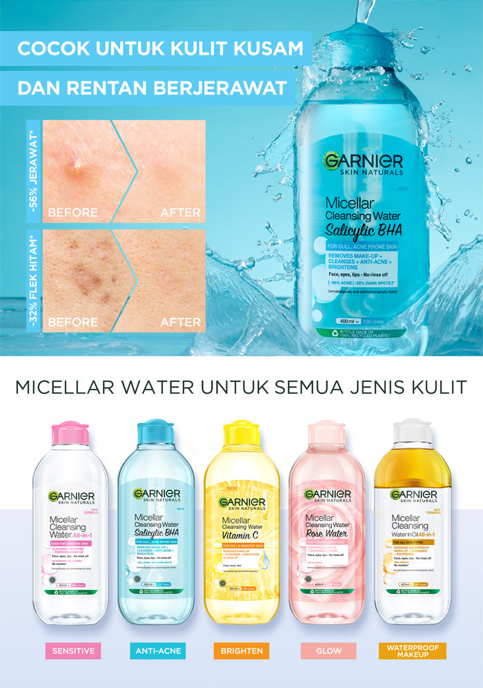GARNIER Micellar Water Blue Salicylic Acid 400ml Skincare Cleansing - Skincare Pembersih Wajah & Make up untuk kulit berminyak jerawat Micellar Cleansing Water