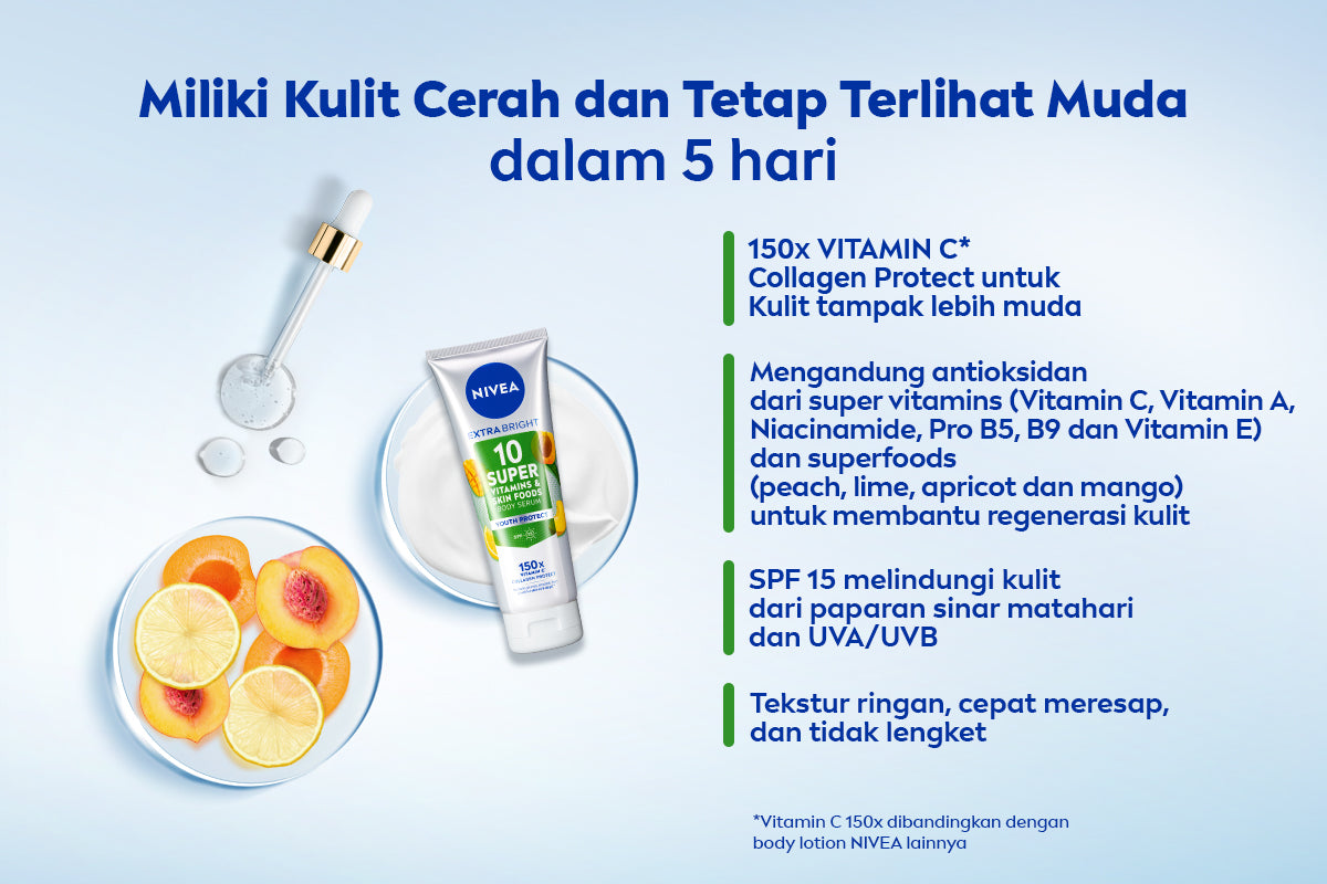 NIVEA Body Serum Extra Bright 10 Super Vitamins Youth Protect SPF15 320ml - Hand body serum lotion moisturizer mencerahkan kulit mengencangkan kulit kendur kencang melembabkan kering anti aging penuaan dini - 150x Vitamin C, Collagen, antioksidan