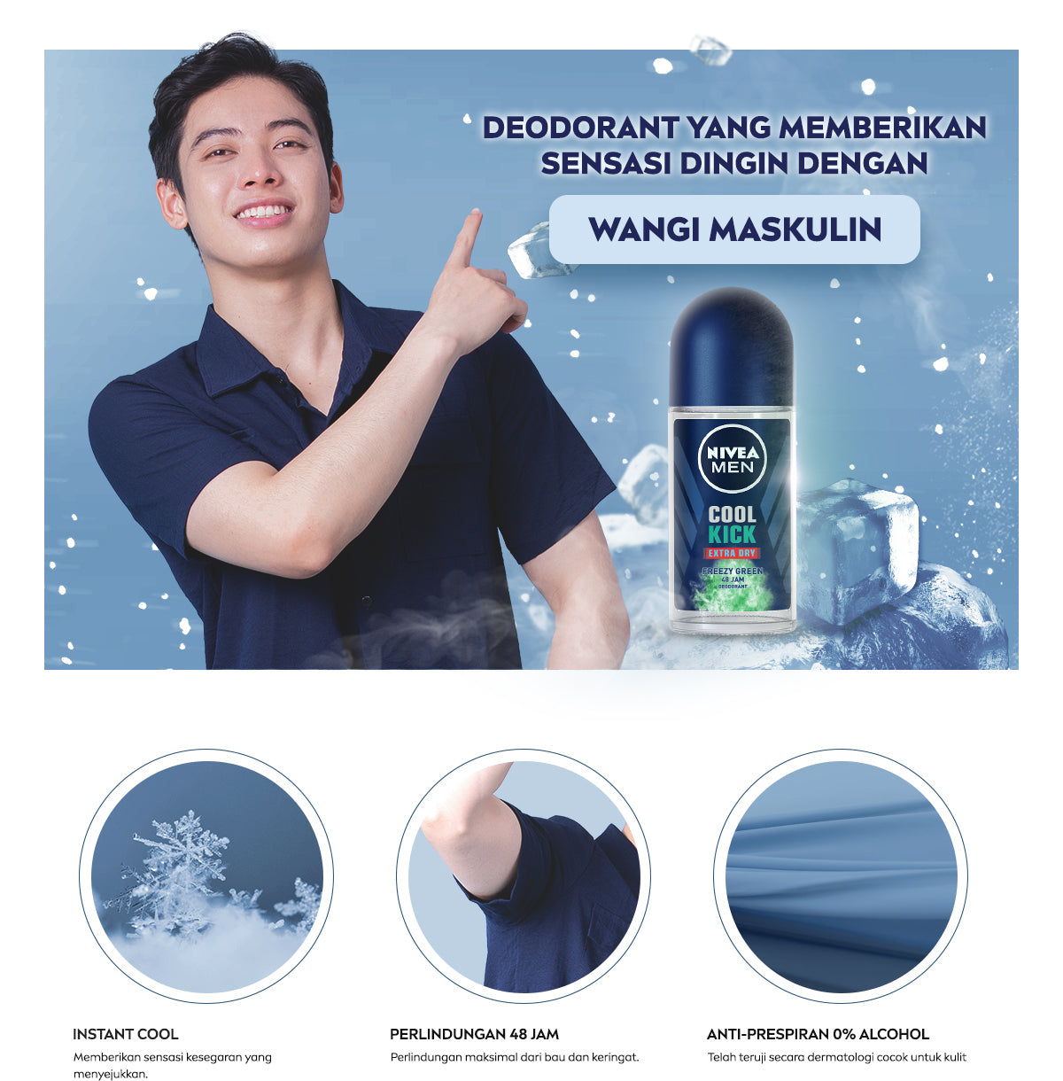 NIVEA MEN Deodorant Roll On Cool Kick Freezy Green 50ml - Deodoran pria perlindungan ekstra kering dari keringat bau badan dengan sensasi dingin menthol wangi maskulin - Antiperspiran, tidak mengandung ethyl alkohol cocok untuk semua jenis kulit
