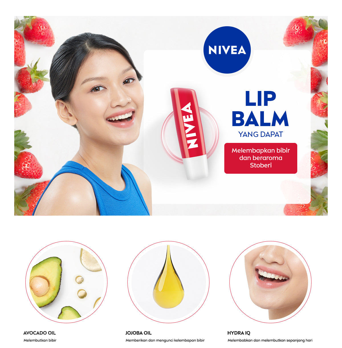 NIVEA Lip Balm Strawberry Shine 4.8gr - Pelembap bibir warna pink tinted pigmented melembabkan plumpy kering pecah-pecah tahan lama melindungi bibir natural intensif lembap tidak lengket tidak berminyak glossy - Avocado Oil, Jojoba Oil, Hydra IQ