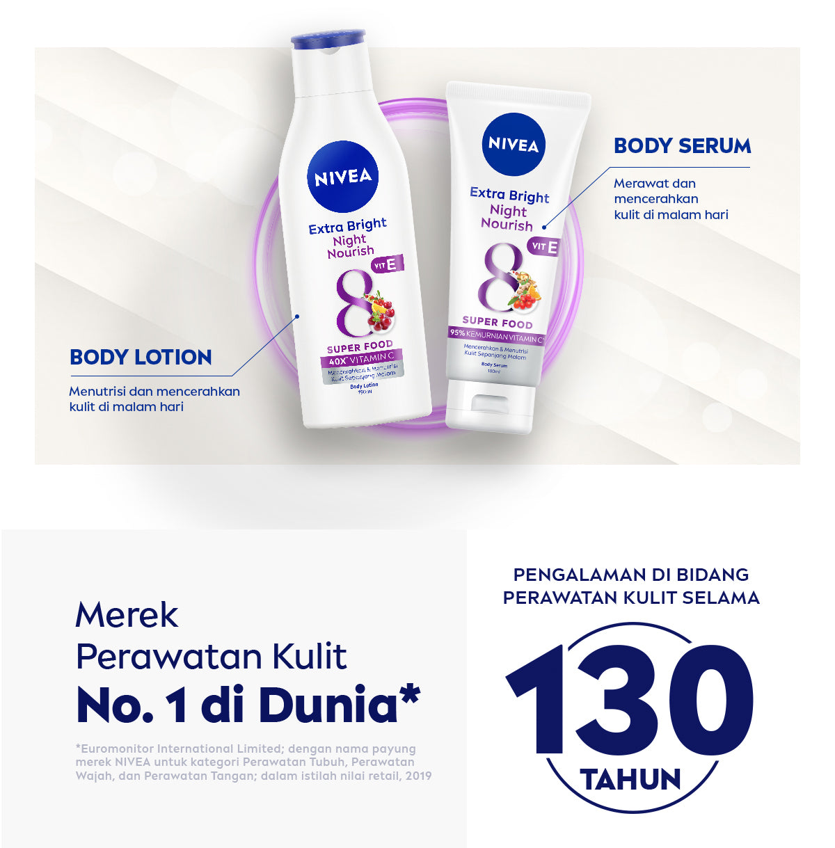 NIVEA Body Serum Extra Bright Night Nourish Vit E 180ml - Hand body serum lotion moisturizer mencerahkan kulit kusam cerah badan glowing brightening tone up melembabkan kering pagi malam day & night - 95% Vitamin C, Grapeseed oil, 8 Super food