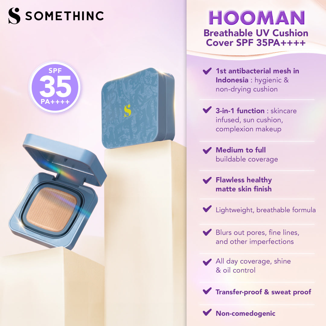 SOMETHINC HOOMAN Breathable Cushion Cover SPF 35 PA++++ - Cushion Dengan Skin Matte Finish Anti Greasy, Anti Cakey, Dan Anti Cracking | Mampu Menyamarkan Pori, Meratakan Warna Kulit, Ringan Digunakan Di Wajah, Memproteksi Kulit Dari Sinar Matahari