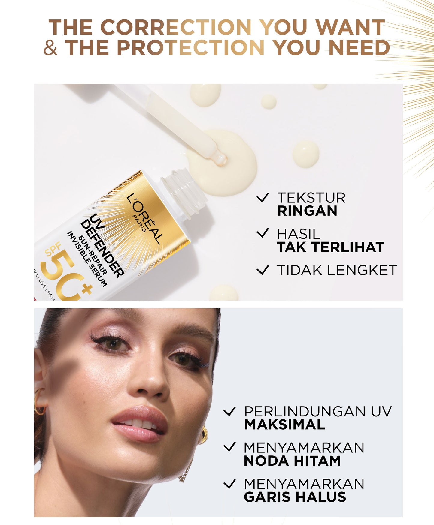 L'Oreal Paris UV Serum Sunscreen SPF 50+ PA++++ - UV Defender Sun-Repair Invisible Serum 2-in-1 Skincare 30ml, Sun Screen, sunblock, suncream, anti aging, loreal sunscreen, serum brightening mencerahkan wajah