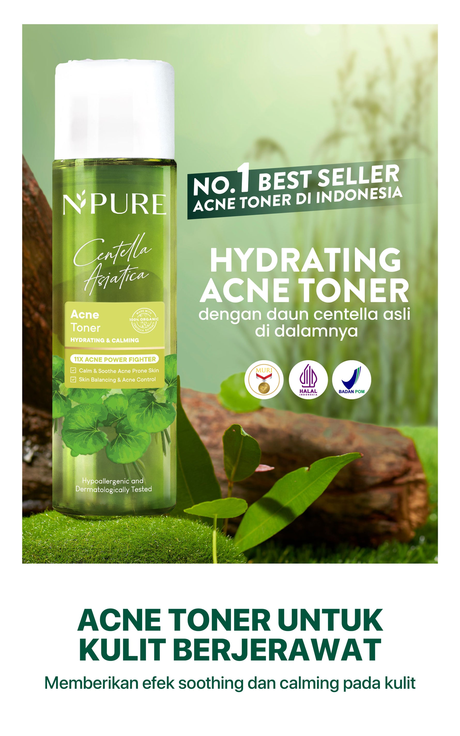 NPURE Cica Hydrating Acne Toner 150 ml / Hydrating Toner / Acne Toner / Toner Kulit Jerawat Berminyak  / Mencerahkan /  Beruntusan