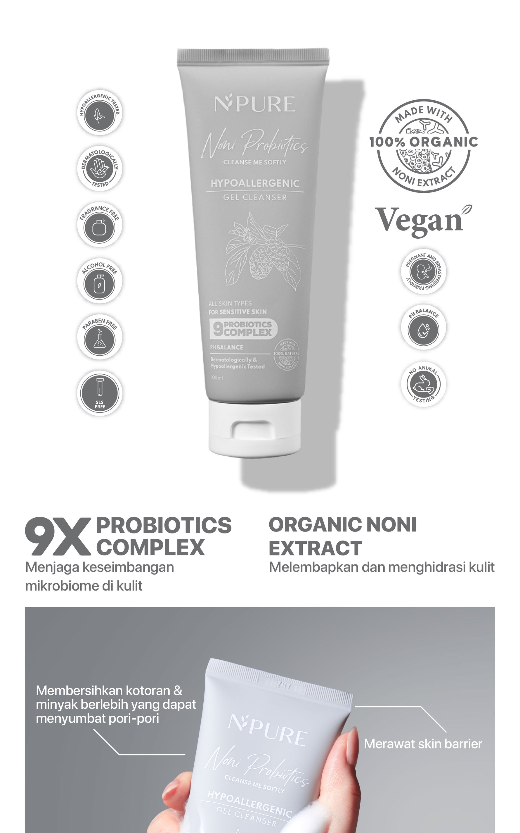 NPURE Cleanser Gel Noni 100ml / Sabun Muka Kulit Sensitif / Gentle Skin Cleanser / Pembersih Wajah Hypoallergenic / Eksim / Eczema / Semua Jenis Kulit