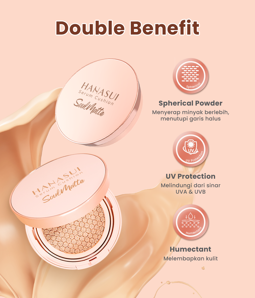 Hanasui Serum Cushion Soulmatte - Matte Finish UVA & UVB Protection Perfect Coverage Menyamarkan Pori-Pori Garis Halus Noda Wajah