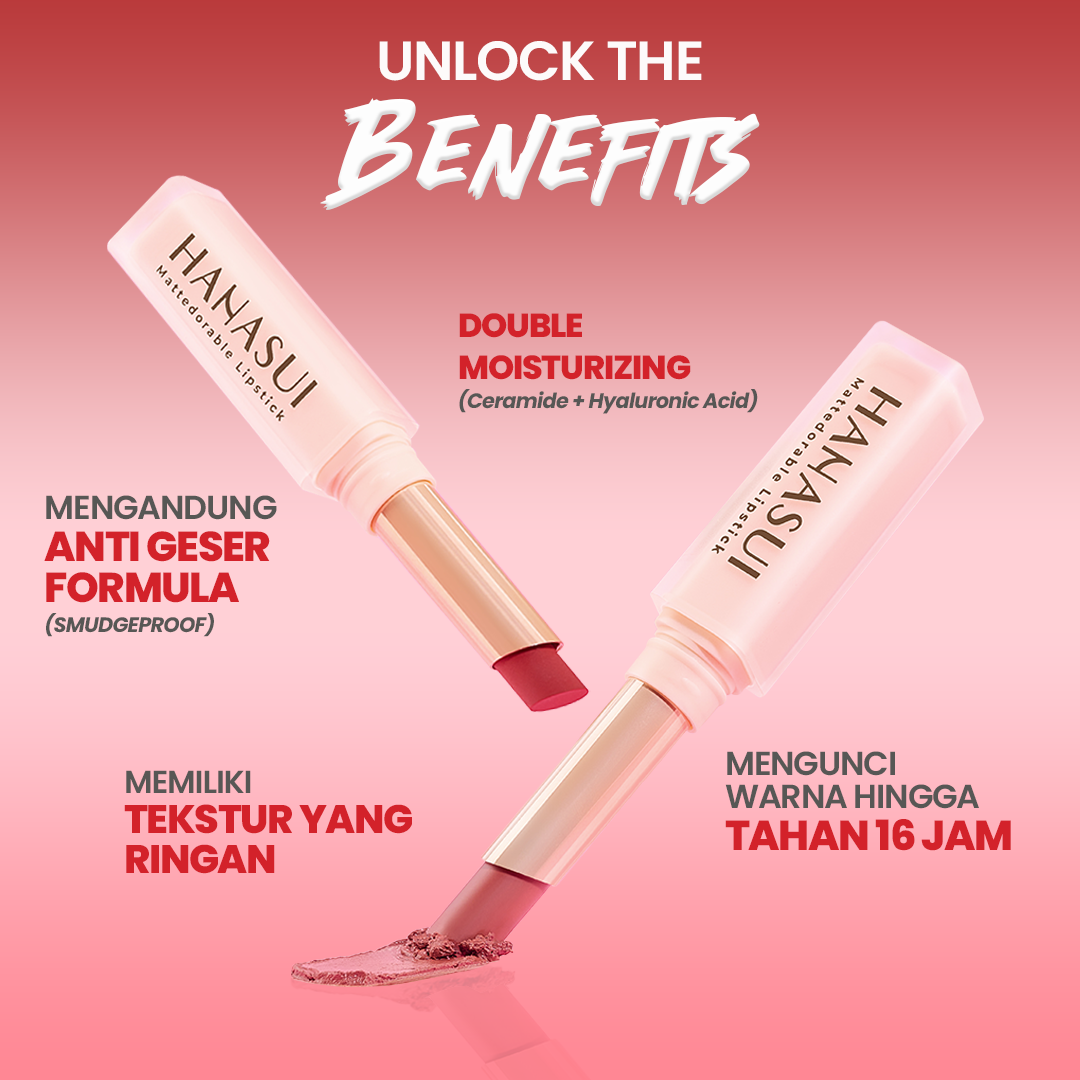 Hanasui Mattedorable Lipstick - Anti Geser Formula  Smudgeproof Transferproof Long Lasting Tahan Lama Melembabkan Hidrasi Optimal