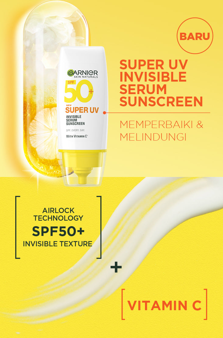 GARNIER Super UV Invisible Serum Sunscreen SPF 50+ PA++++ Vitamin C Skincare - 30ml Sunblock Mencerahkan Wajah sunscreen spf 50 pa ++++