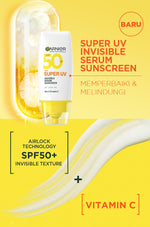 GARNIER Super UV Invisible Serum Sunscreen SPF 50+ PA++++ Vitamin C Skincare - 30ml Sunblock Mencerahkan Wajah sunscreen spf 50 pa ++++