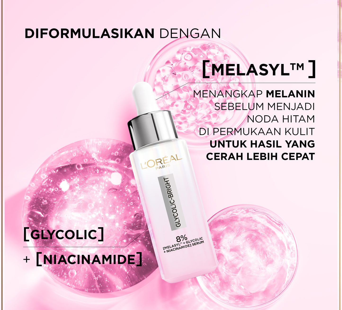 L'Oreal Paris Glycolic Bright 8% [MELASYL + GLYCOLIC + NIACINAMIDE] ANTI-DARK SPOT BRIGHTENING SERUM (Mencerahkan kulit & Menyamarkan Noda hitam bahkan bekas jerawat sekalipun)  Kulit Kusam, Noda Hitam, Bekas Jerawat, Eksfoliasi  Brightening serum