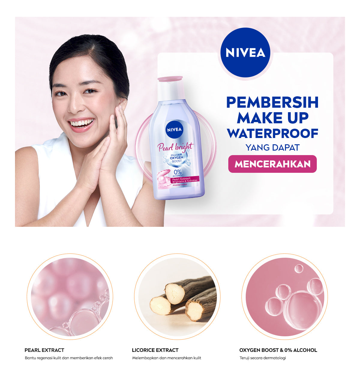 NIVEA Micellar Water MicellAir Pearl Bright 400ml - Pembersih make up tanpa alkohol makeup remover mencerahkan kulit kusam membersihkan wajah double cleansing melembabkan kulit kering - Pearl & Licorice Extract, 0% Alcohol
