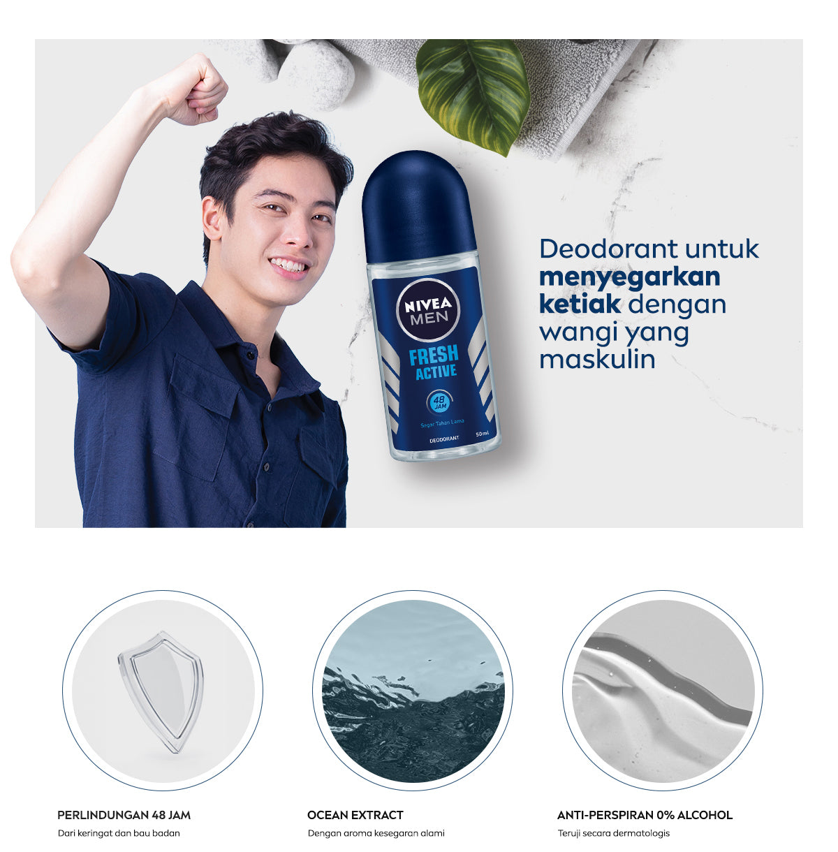 NIVEA MEN Deodorant Roll On Fresh Active 50ml - Deodoran pria anti bakteri antiperspirant anti noda baju wangi segar ketiak kering tahan lama seharian tahan keringat anti bau - Antiperspiran, tidak mengandung ethyl alkohol