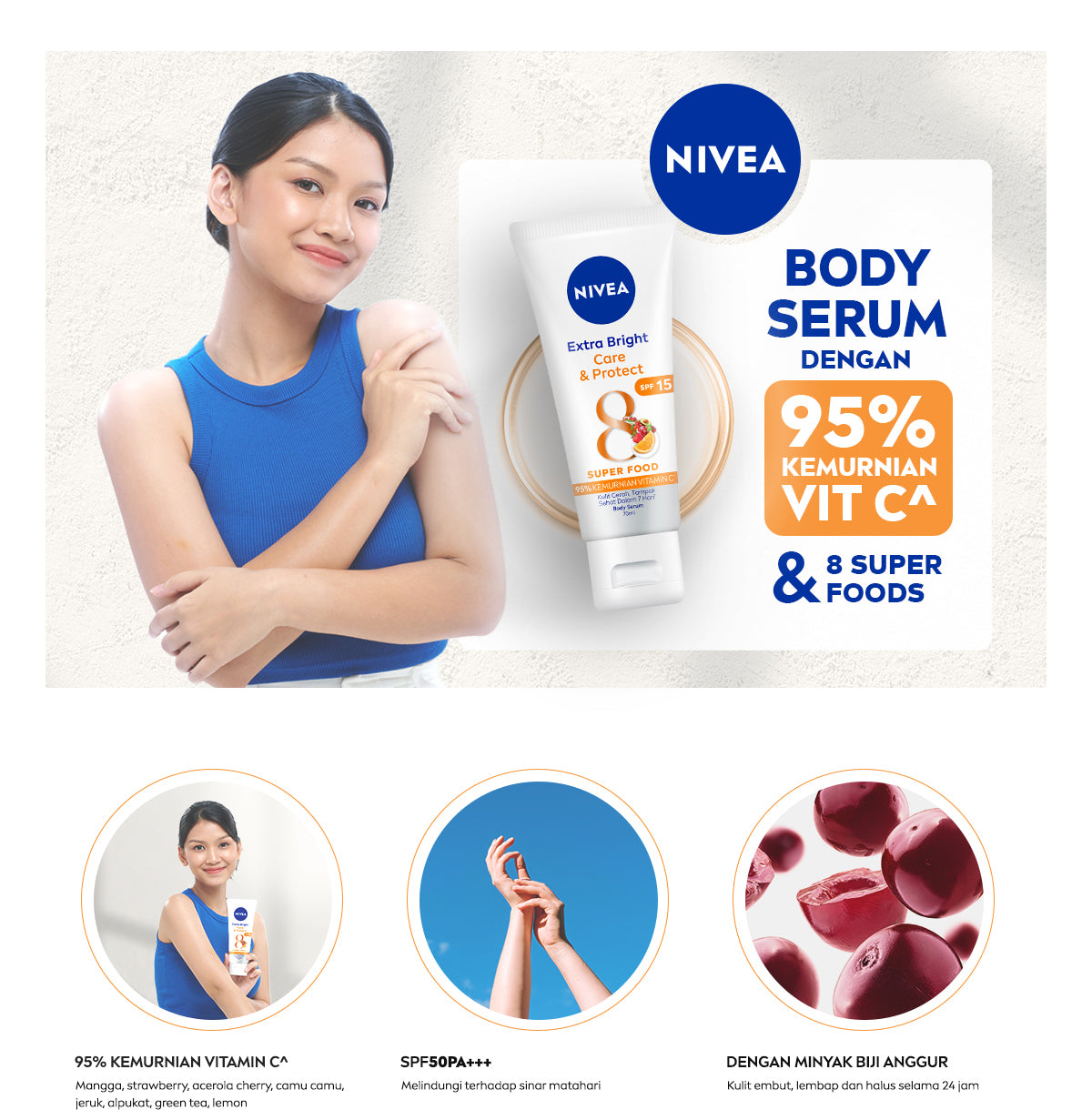 NIVEA Body Serum Extra Bright Care & Protect SPF 15 70ml - Hand body serum lotion moisturizer mencerahkan kulit kusam badan glowing brightening tone up melembabkan kering SPF UV matahari sunscreen - 95% Vitamin C, Grapeseed Oil, 8 Super food