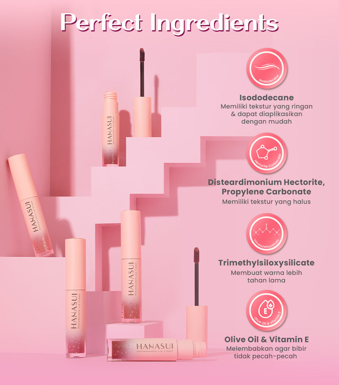 Hanasui Mattedorable Lip Cream - Velvet Matte Finish Melembabkan Ringan Tahan Lama Pigmented Olive Oil Vitamin E