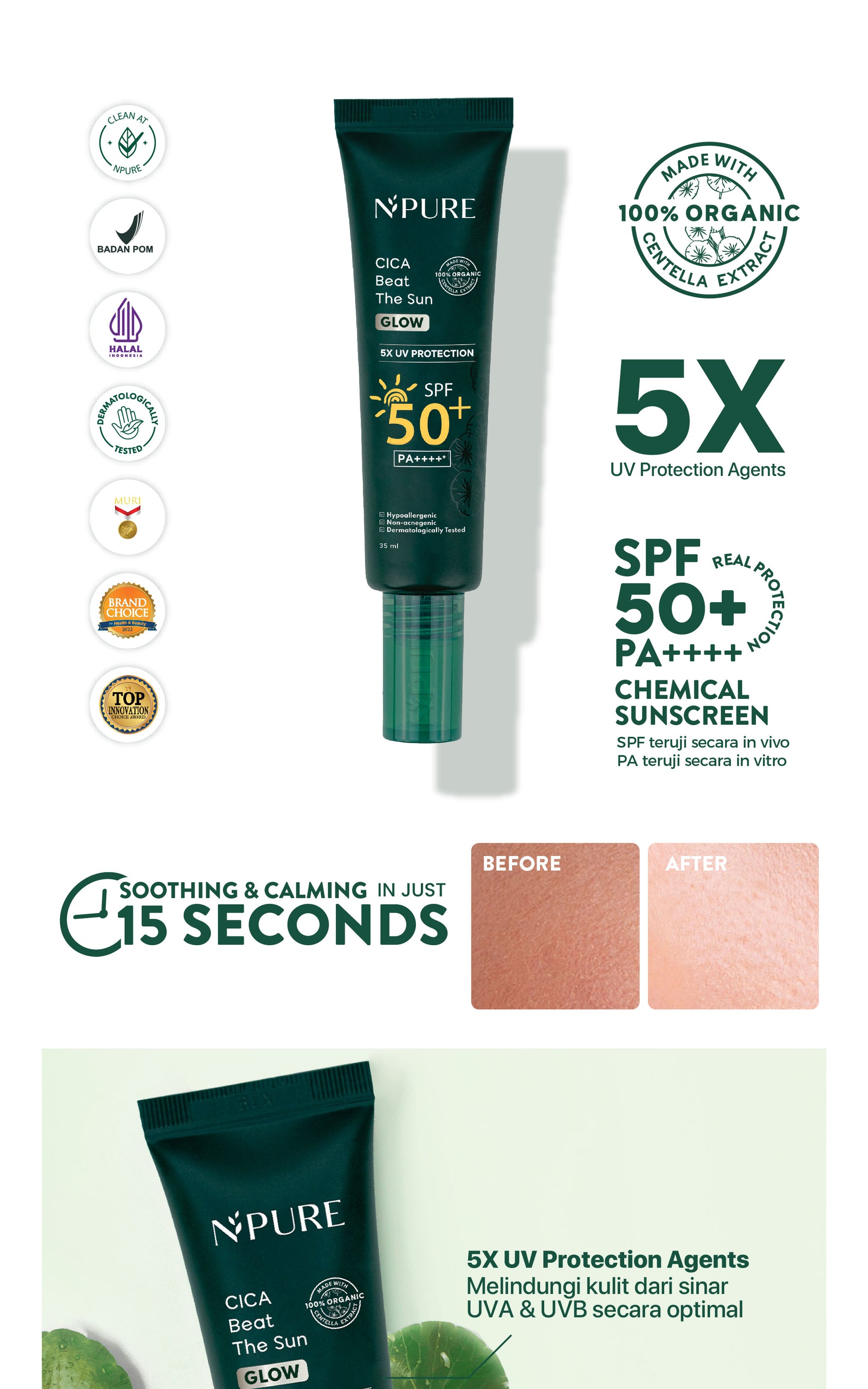 NPURE Sunscreen Cica Beat The Sun Glow / Sunscreen Hypoallergenic / SPF 50 PA++++ / Kulit Kering Jerawat