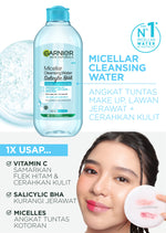 GARNIER Micellar Water Blue Salicylic Acid 400ml Skincare Cleansing - Skincare Pembersih Wajah & Make up untuk kulit berminyak jerawat Micellar Cleansing Water