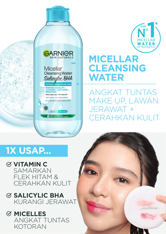 GARNIER Micellar Water Blue Salicylic Acid 400ml Skincare Cleansing - Skincare Pembersih Wajah & Make up untuk kulit berminyak jerawat Micellar Cleansing Water