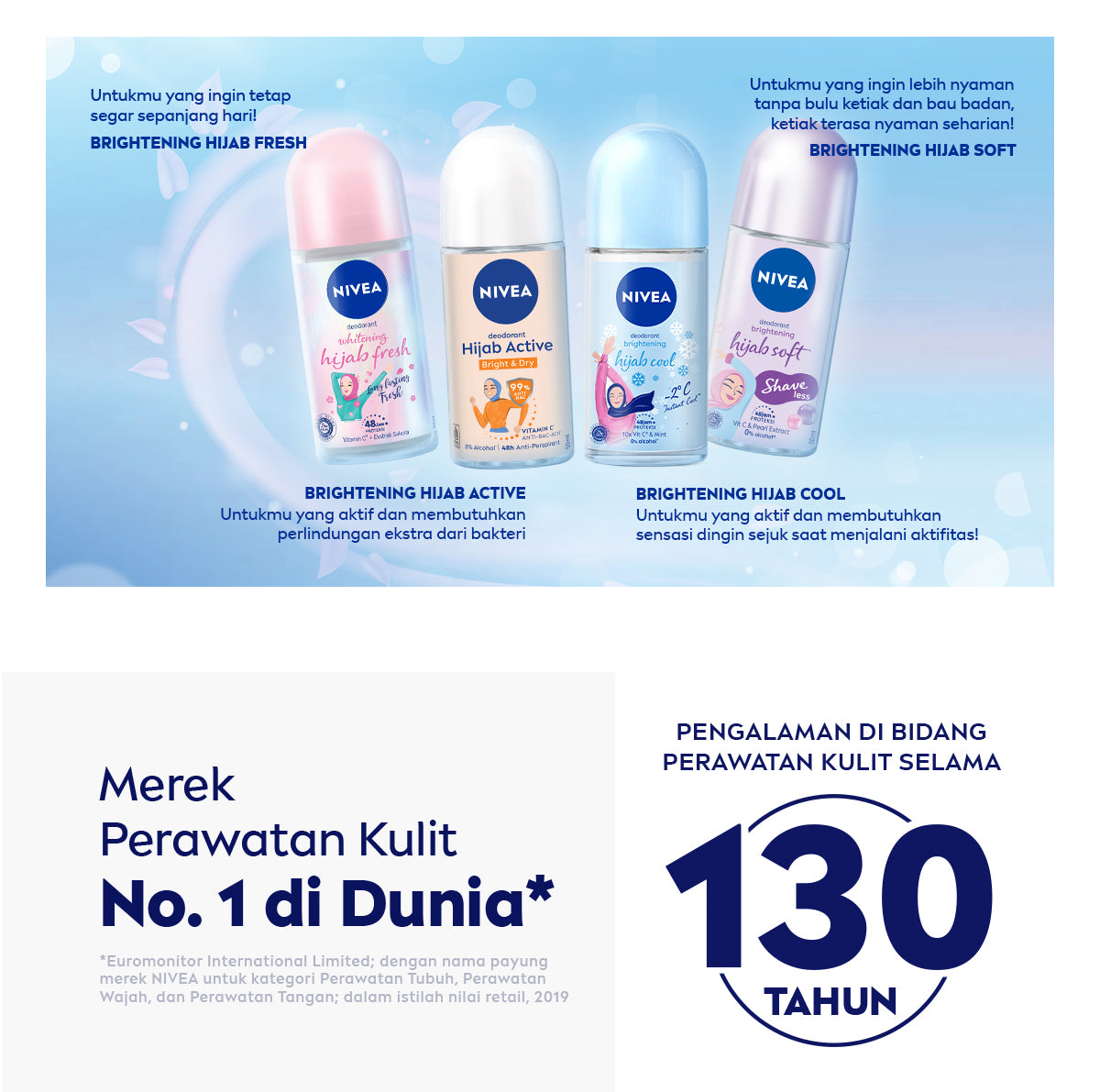 NIVEA Deodorant Roll On Brightening Anti Bacterial 50ml - Deodoran wanita hijab antiperspirant dan anti bakteri tahan bau keringat badan dengan wangi segar tahan lama seharian - Micro Vitamin C, 0% alkohol cocok untuk semua jenis kulit