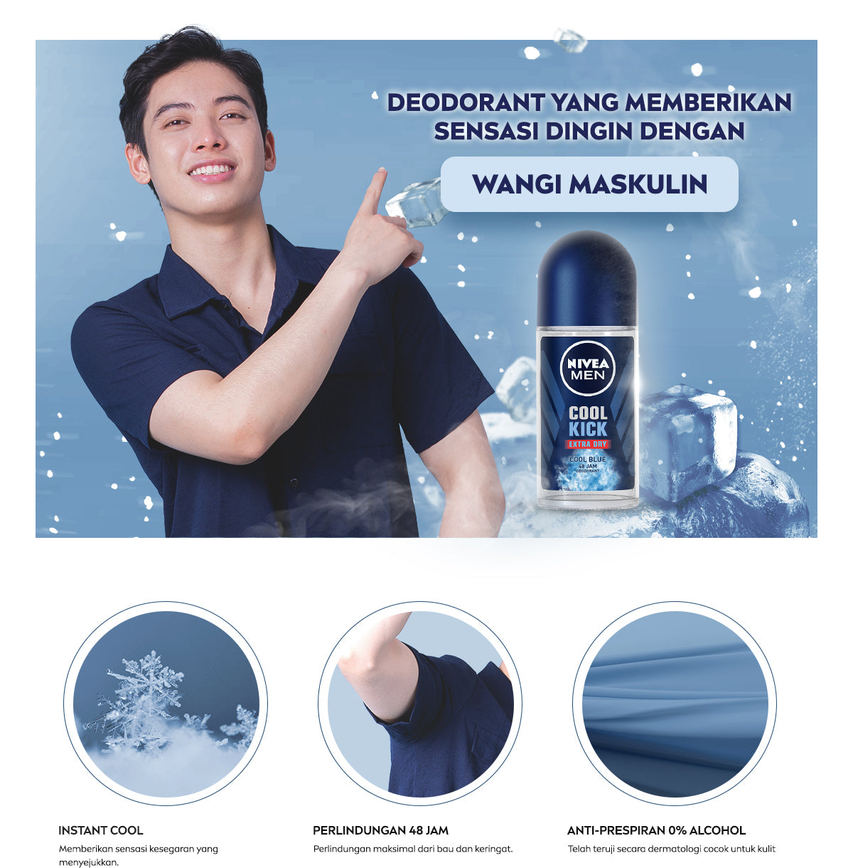 NIVEA MEN Deodorant Roll On Cool Kick 25ml - Deodoran pria perlindungan ekstra kering dari keringat bau badan dengan sensasi dingin dan wangi sporty maskulin seharian - Antiperspiran, tidak mengandung ethyl alkohol cocok untuk semua jenis kulit