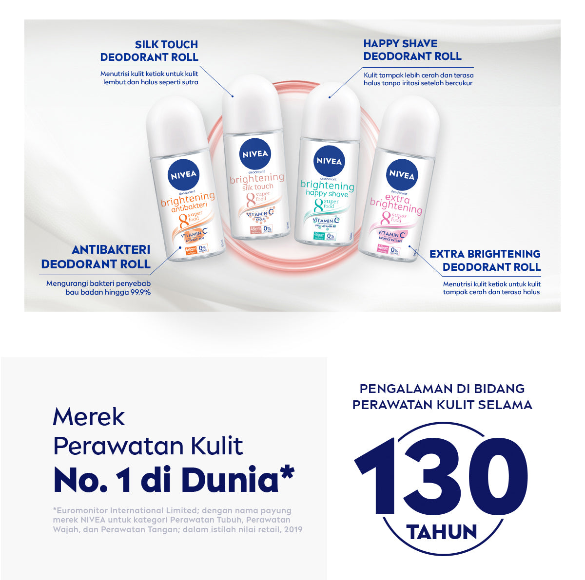 NIVEA Deodorant Roll On Brightening Silk Touch 25ml - Deodoran wanita mencerahkan brightening menutrisi kulit ketiak halus lembut dan cerah dengan wangi segar tahan lama seharian - Vitamin C, Kaolin, 0% alkohol cocok untuk semua jenis kulit