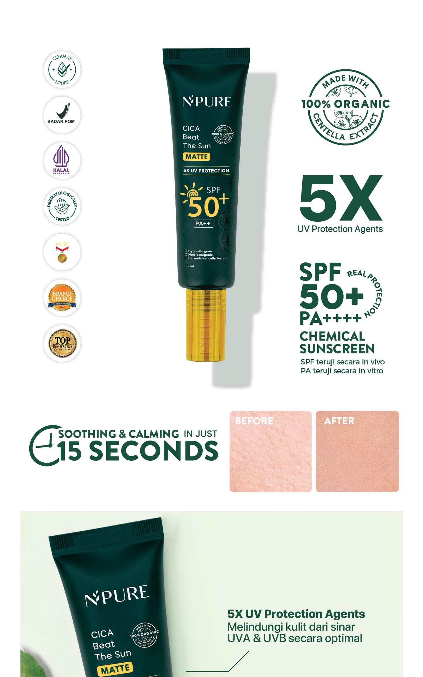 SUNSCREEN MATTE - NPURE Sunscreen Cica Beat The Sun Matte SPF 50+ PA++++/ REAL SPF / NO WHITECAST / Sunscreen Jerawat