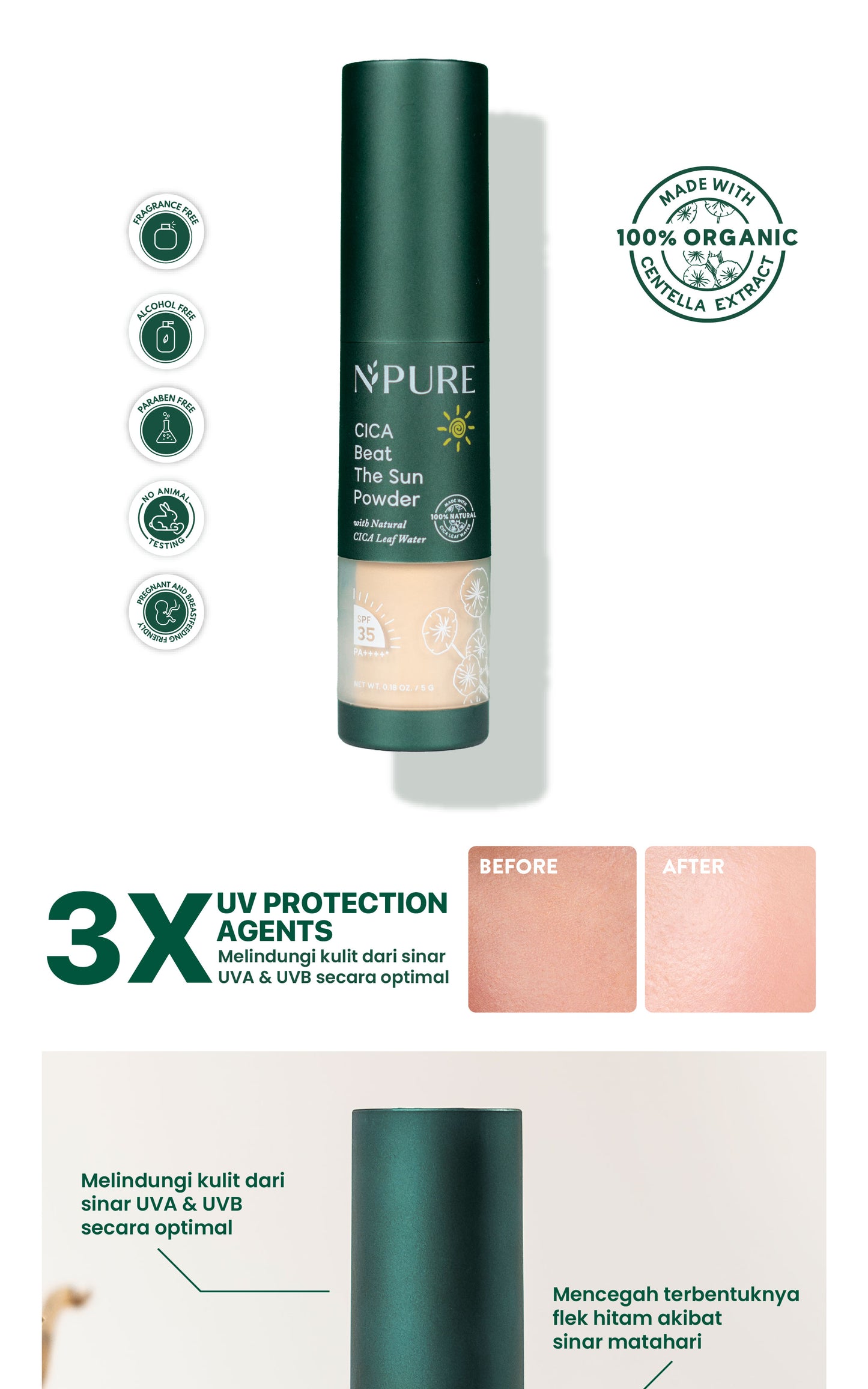 NPURE Sunscreen Powder Cica / Beat the Sun Powder / Sunscreen Bedak & Brush / Bedak Bebas Kilap Minyak