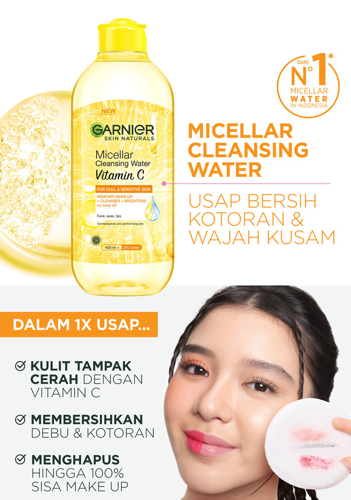 GARNIER Micellar Water Vitamin C Skin Care 125ml 400ml Skincare Cleansing - Pembersih Wajah & Make up untuk Kulit Kusam Micellar Cleansing Water