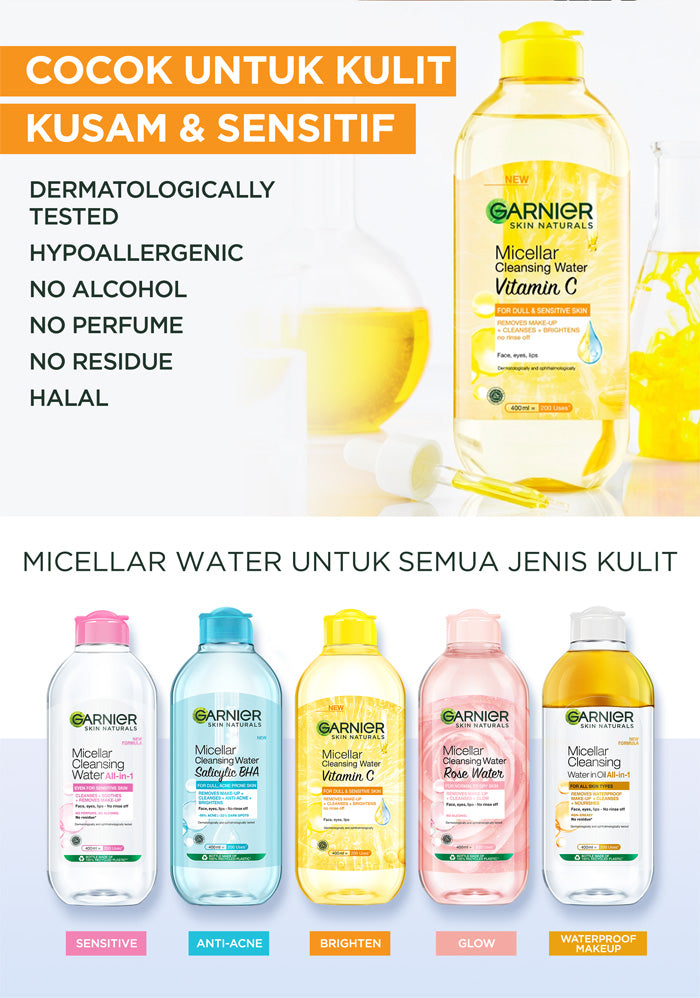 GARNIER Micellar Water Vitamin C Skin Care 125ml 400ml Skincare Cleansing - Pembersih Wajah & Make up untuk Kulit Kusam Micellar Cleansing Water