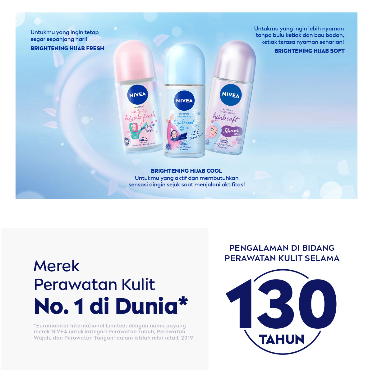 NIVEA Deodorant Roll On Brightening Hijab Cool 50ml - Deodoran wanita hijab halal mencerahkan brightening kulit ketiak tahan keringat bau badan sensasi dingin instant wangi segar tahan lama seharian - Antiperspiran, Ekstrak Mint, Halal