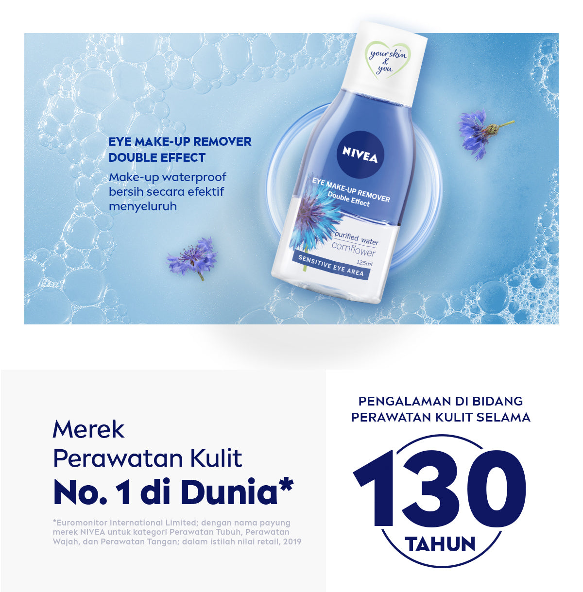 NIVEA Eye Makeup Remover Double Effect 125ml - Pembersih make up mata bibir mascara make up riasan tebal waterproof tidak perih cocok untuk kulit sensitif biphase oil micellar - Corn Flower, Purified Water