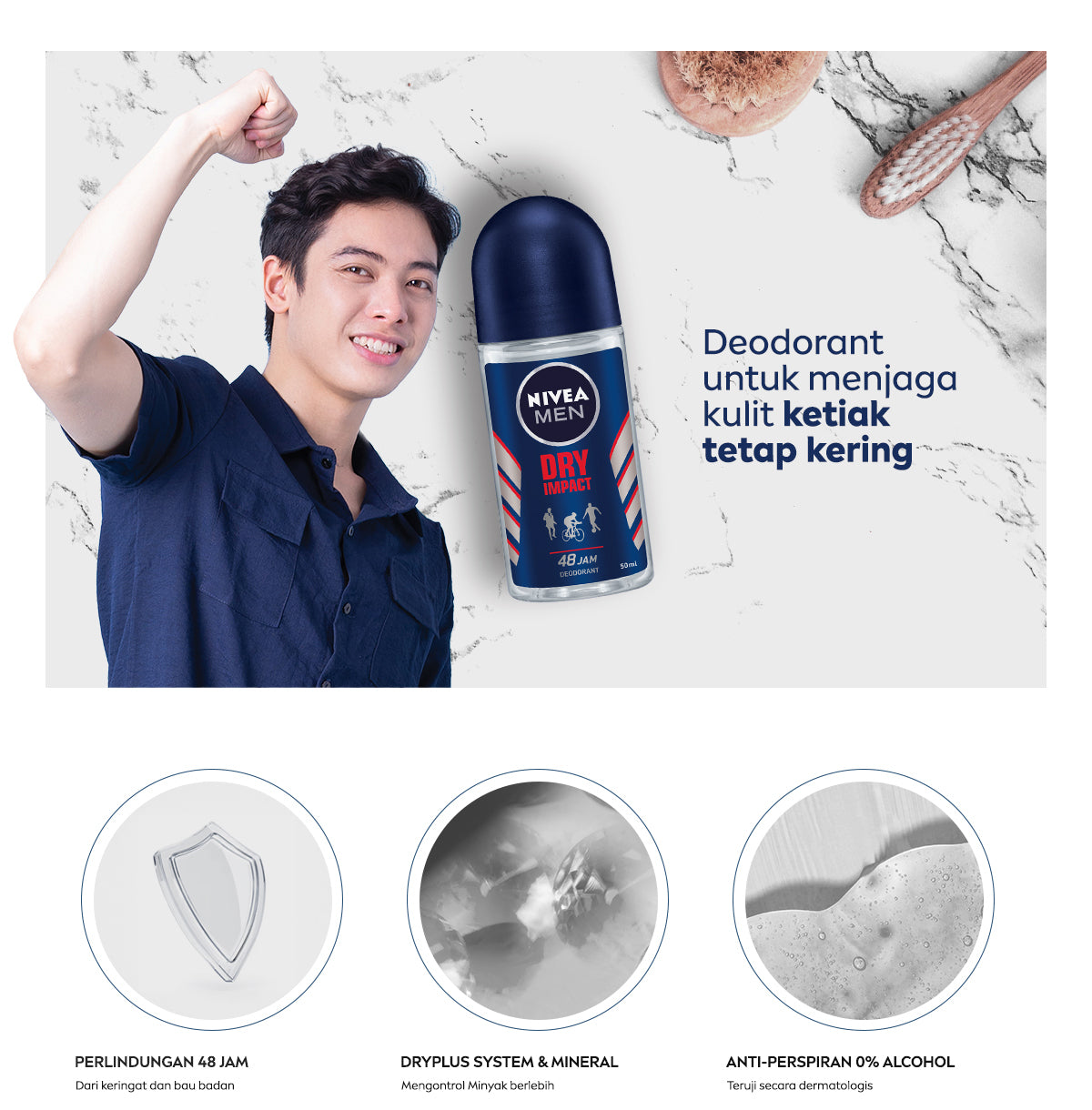 NIVEA MEN Deodorant Roll On Dry Impact 50ml - Deodoran pria anti bakteri antiperspirant anti noda baju wangi segar ketiak kering tahan lama seharian tahan keringat anti bau - Antiperspiran, tidak mengandung ethyl alkohol