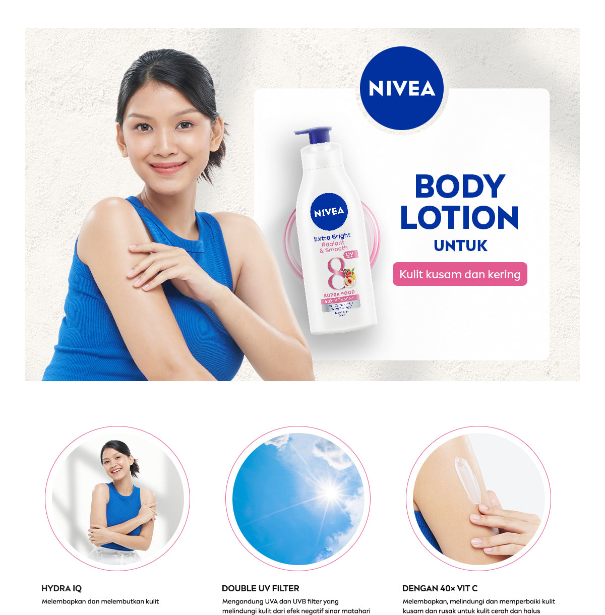 NIVEA Body Lotion Extra Bright Radiant & Smooth UV Filter 380ml - Hand body lotion moisturizer mencerahkan kulit kusam halus lembut badan glowing brightening tone up serum melembabkan kulit kering - 40x Vitamin C, UVA UVB Filter, 8 Super food