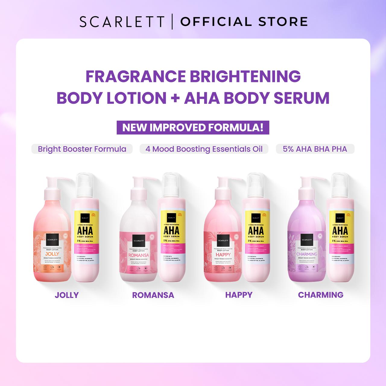 SCARLETT Bundle Intense Brightening AHA Body Serum + Fragrance Brightening Body Lotion Bright Mood Booster 5% AHA BHA PHA +4 Essential Oils 3x Brightening Power | Intense Membantu Mencerahkan Kulit Meratakan Warna Kulit Menenangkan Wangi Tahan Seharian