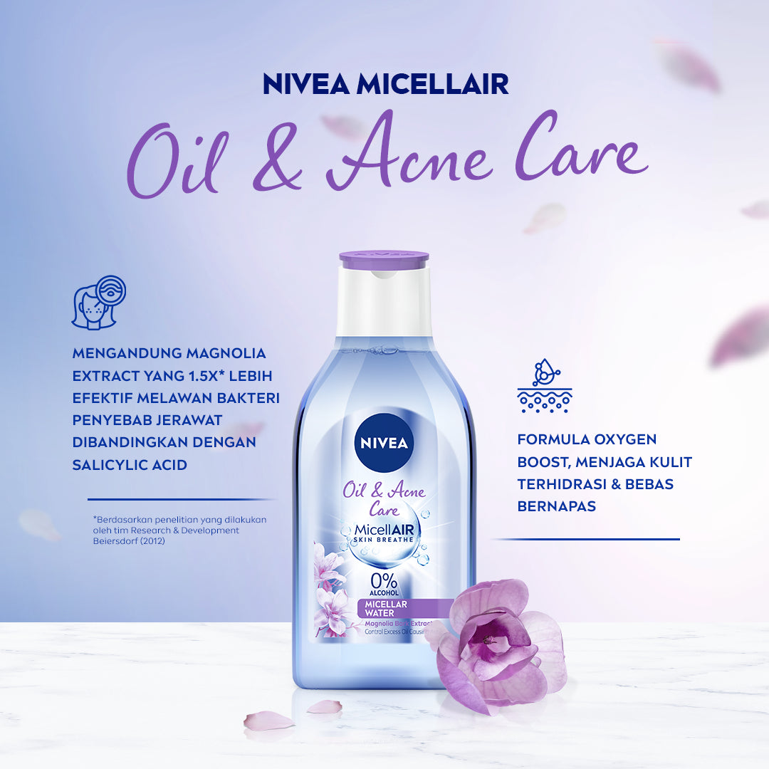 NIVEA Micellar Water MicellAir Oil & Acne Care 400ml - Pembersih make up aman untuk kulit berminyak jerawat sensitif oily acne prone skin penghapus riasan wajah double cleansing tanpa alkohol - Magnolia Bark Extract, 0% Alcohol