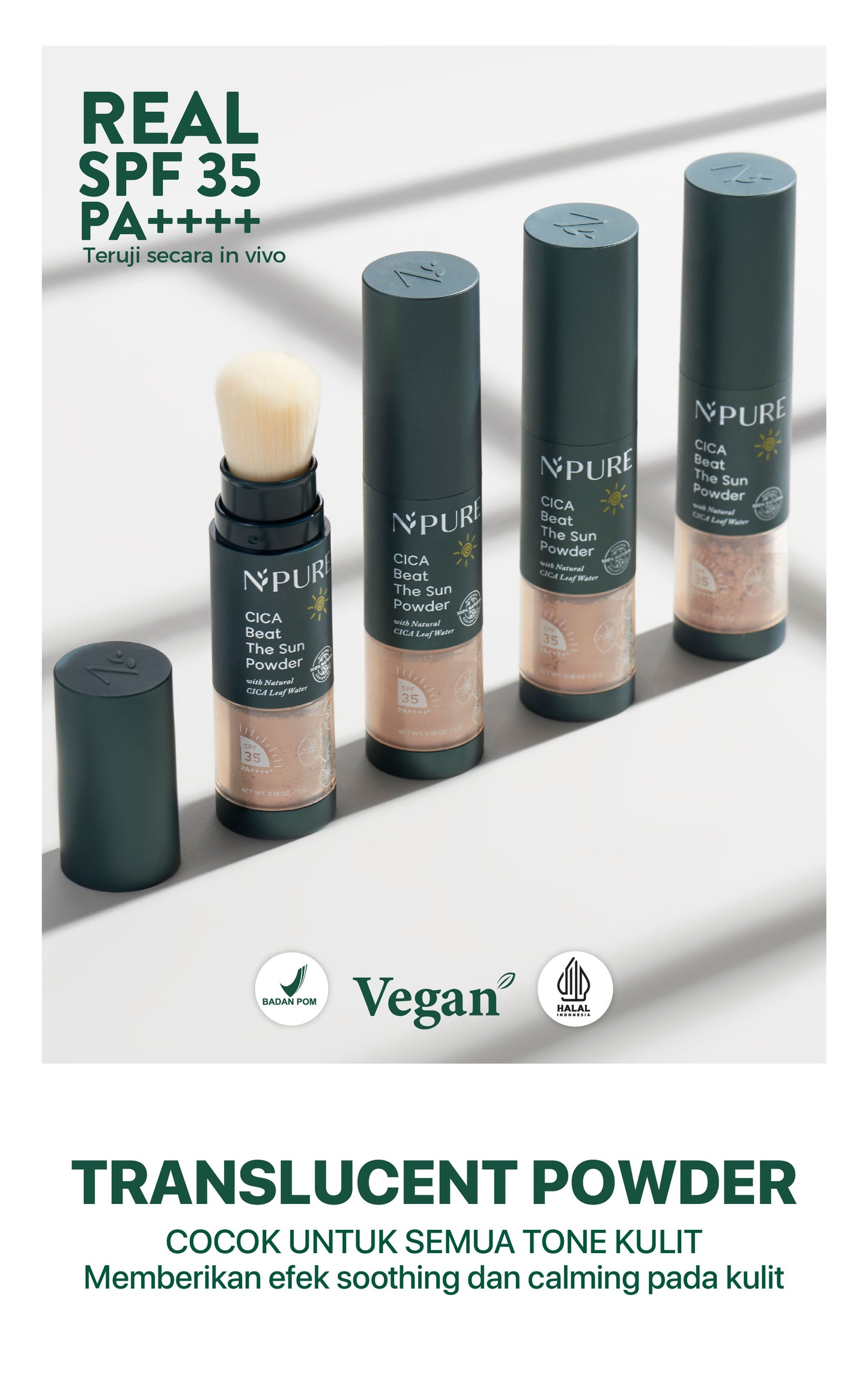 NPURE Sunscreen Powder Cica / Beat the Sun Powder / Sunscreen Bedak & Brush / Bedak Bebas Kilap Minyak