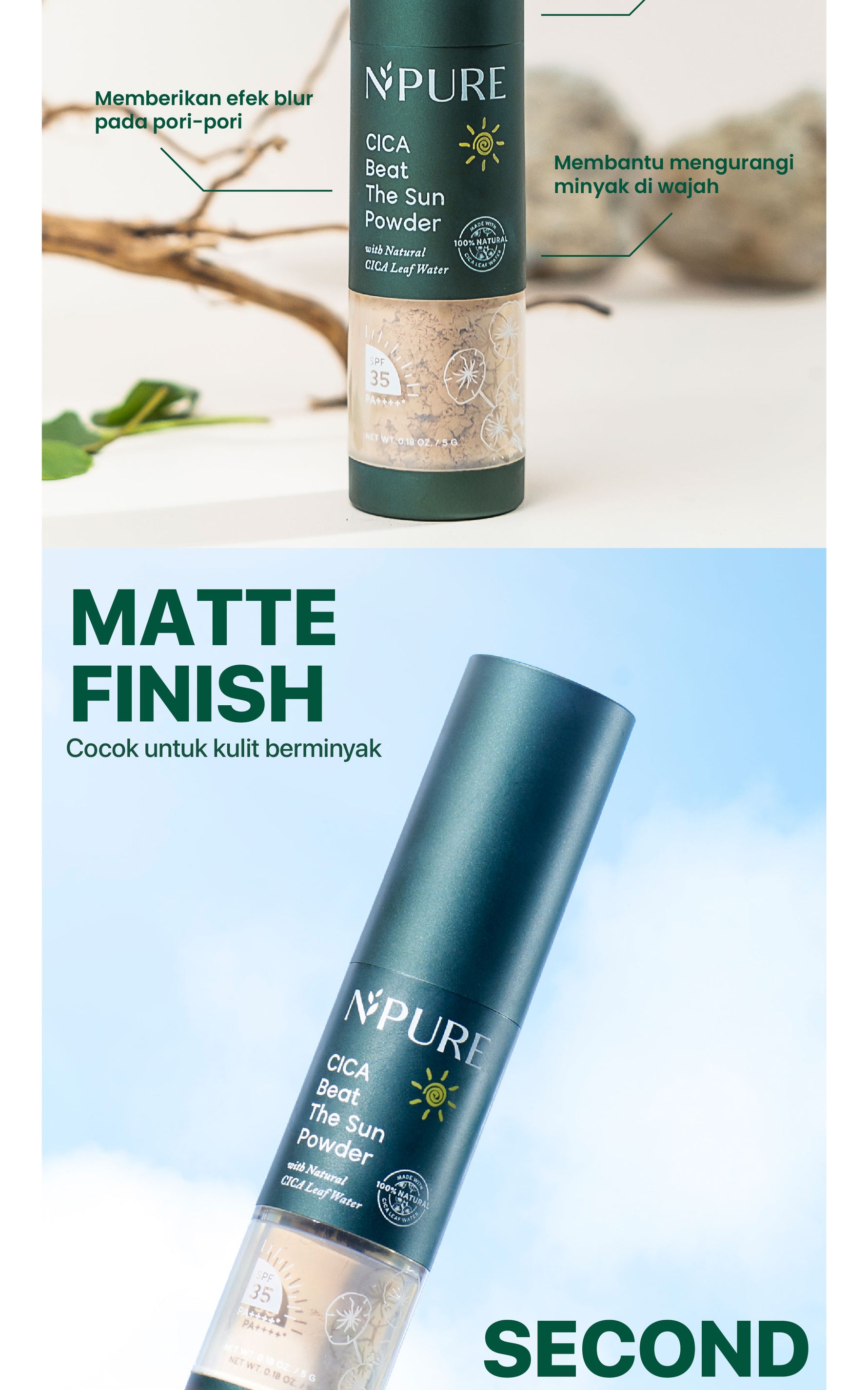 NPURE Sunscreen Powder Cica / Beat the Sun Powder / Sunscreen Bedak & Brush / Bedak Bebas Kilap Minyak