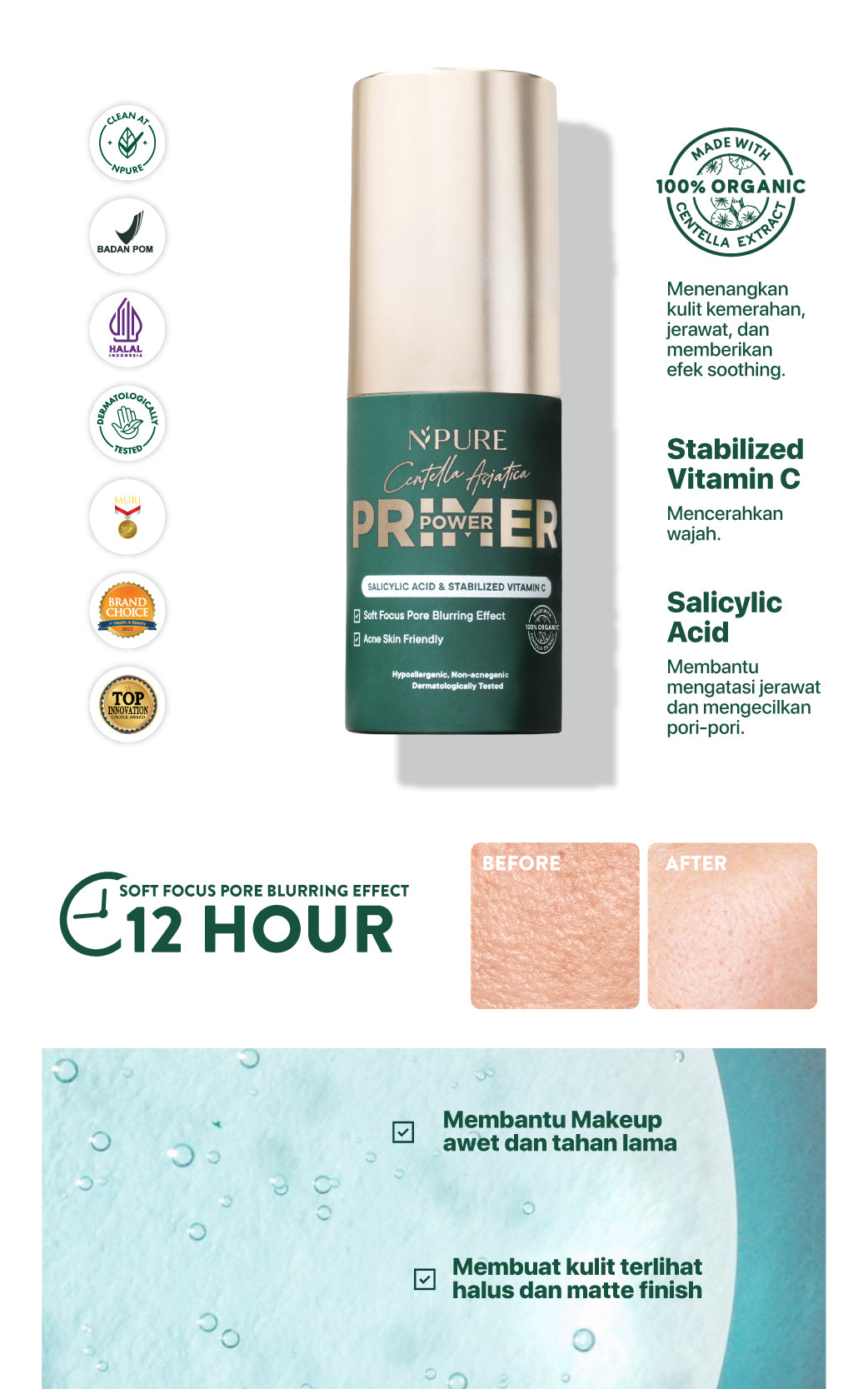 PRIMER BASE MAKEUP - NPURE Centella Asiatica Power Primer / Base Makeup / Blurring effect / Primer Kulit Berjerawat