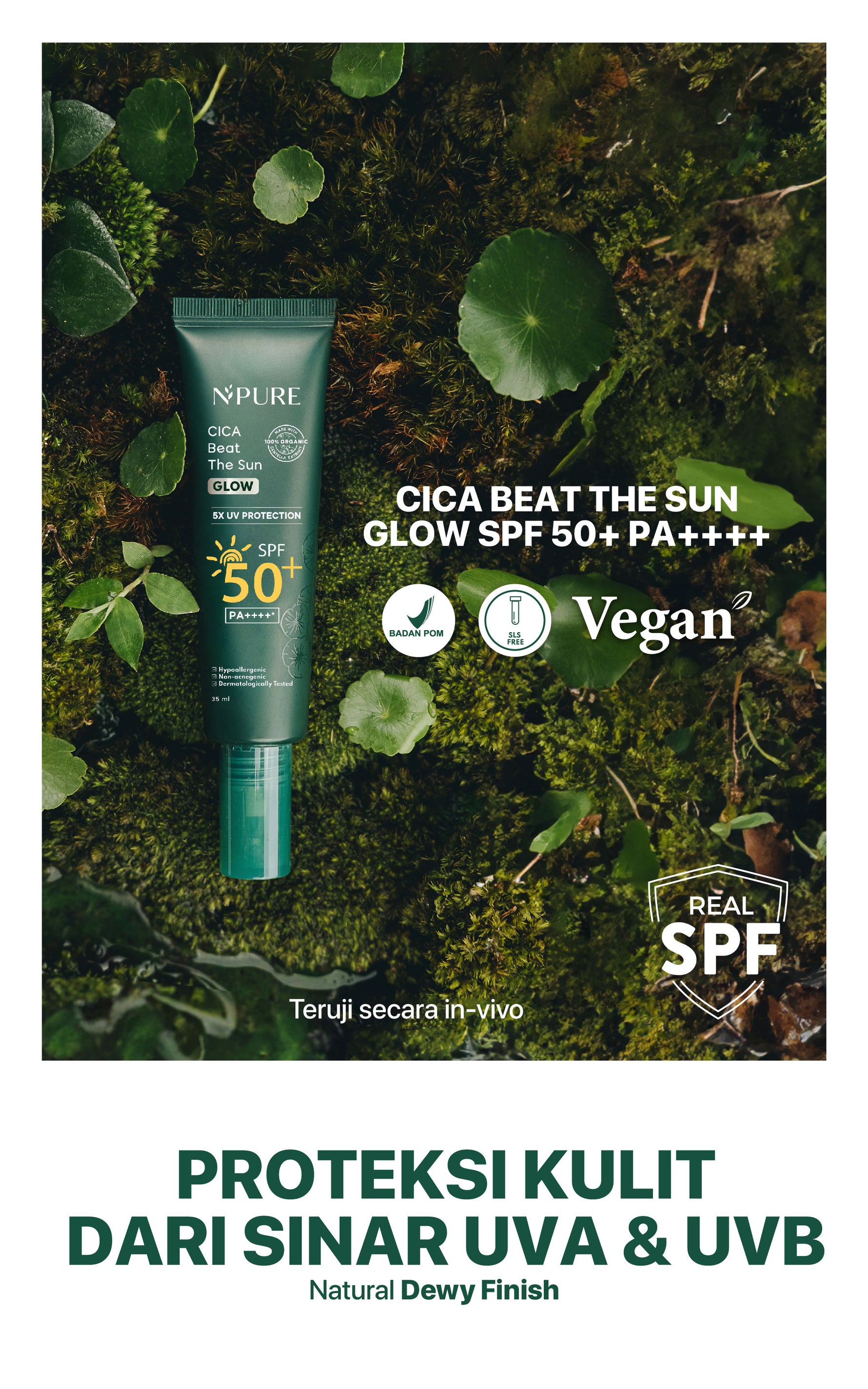 SUNSCREEN GLOW - NPURE Sunscreen Cica Beat The Sun Glow / Sunscreen Hypoallergenic / SPF 50 PA++++ / Kulit Kering Jerawat