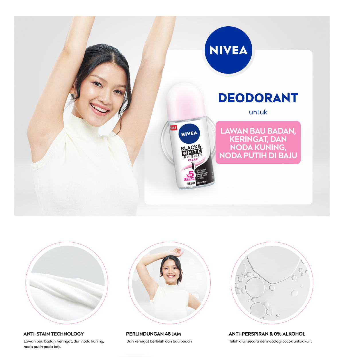 NIVEA Deodorant Roll On Black & White Invisible Original 50ml - Deodoran wanita melawan bau badan tahan keringat anti noda residu dengan wangi segar tahan lama seharian - Antiperspiran, tidak mengandung ethyl alkohol cocok semua jenis kulit