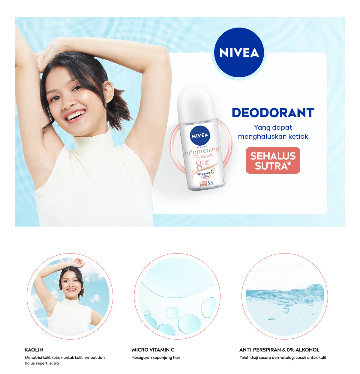 NIVEA Deodorant Roll On Brightening Silk Touch 50ml - Deodoran wanita mencerahkan brightening menutrisi kulit ketiak halus lembut dan cerah dengan wangi segar tahan lama seharian - Vitamin C, Kaolin, 0% alkohol cocok untuk semua jenis kulit