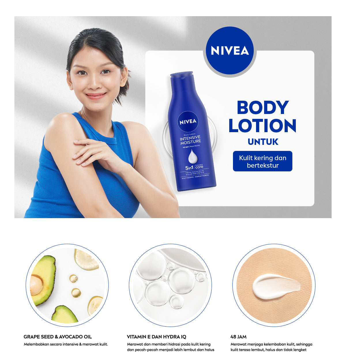 NIVEA Body Lotion Intensive Moisture 100ml - Hand body lotion mositurizer 48 jam body care kulit kering kasar bersisik pecah-pecah memperbaiki skin barrier pelembab melembutkan badan - Vitamin E, Grapeseed oil, Avocado oil, Hydra IQ