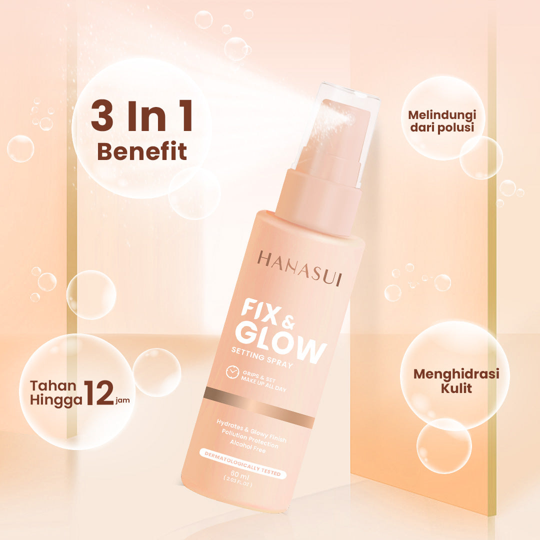 Hanasui Fix & Glow Setting Spray - Setting Spray Glowy Finish Make Up Menghidrasi Kulit MaskProof Tahan Lama