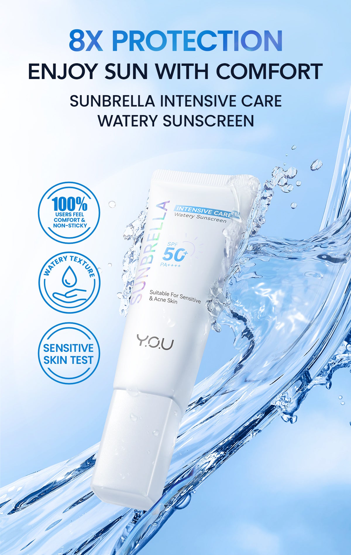 YOU Sunbrella Intensive Care Watery Sunscreen SPF50+ PA++++ Tabir Surya Kulit Sensitif 8X Protection Sensitive Acne Skin Friendly