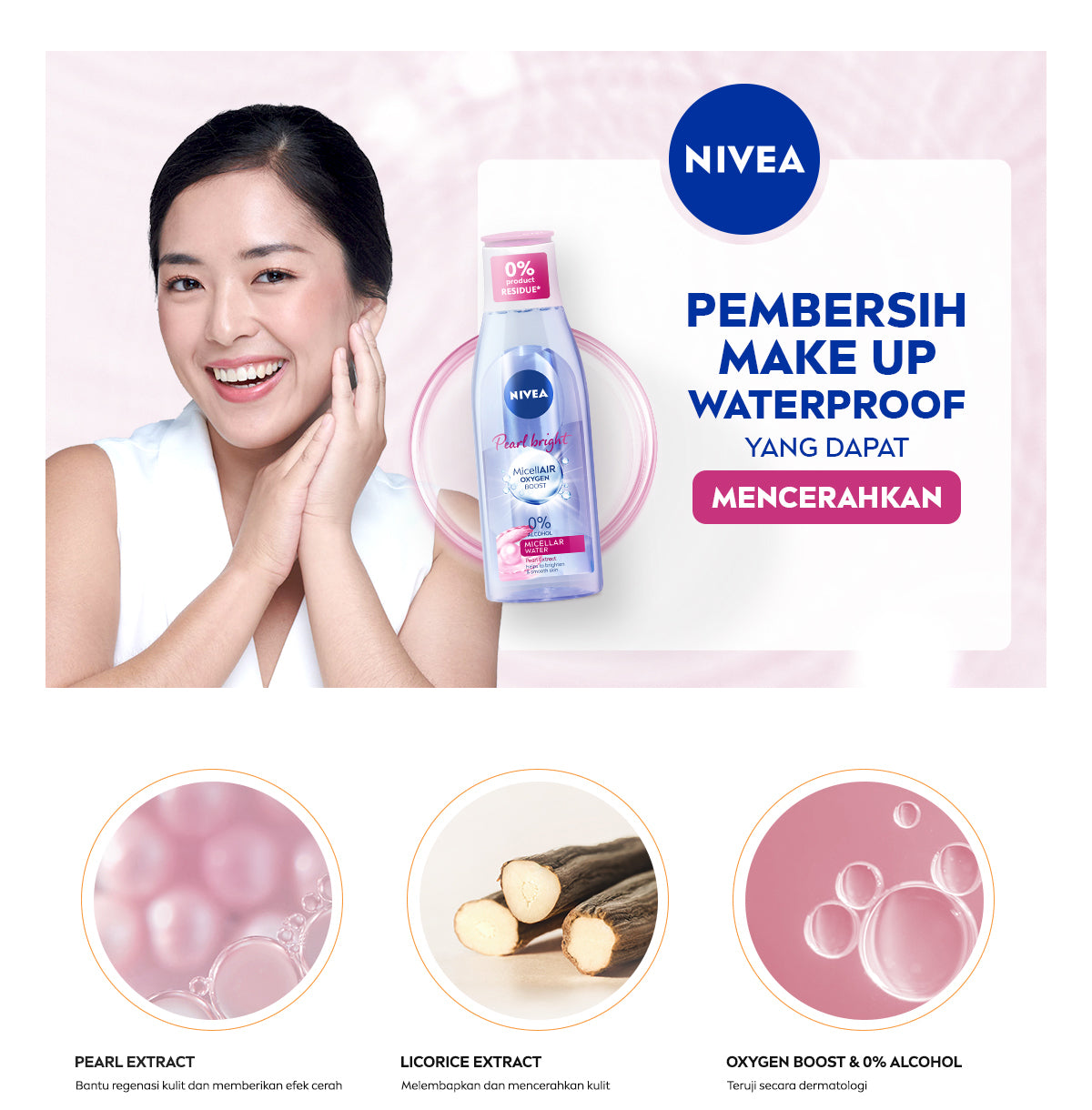 NIVEA Micellar Water MicellAir Pearl Bright 200ml - Pembersih make up tanpa alkohol makeup remover mencerahkan kulit kusam membersihkan wajah double cleansing melembabkan kulit kering - Pearl & Licorice Extract, 0% Alcohol
