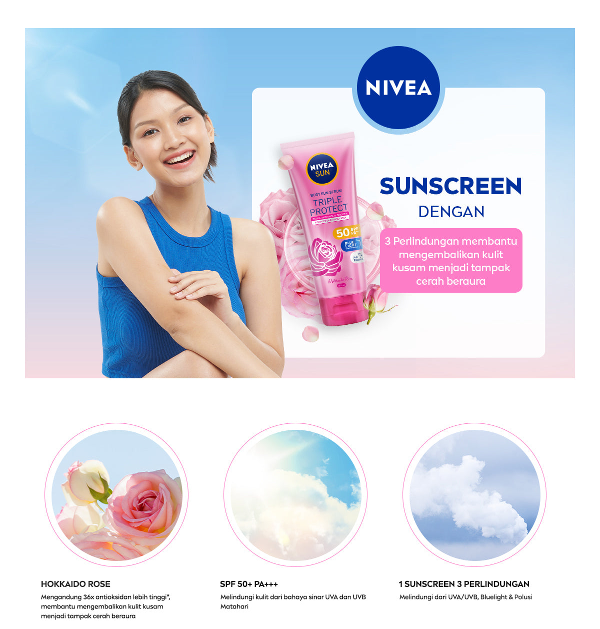 NIVEA SUN Sunscreen Body Serum Triple Protect Extra Radiance & Smooth SPF50 PA+++ 180ml - Sunscreen badan serum sunblock mencerahkan SPF UV harian lightweight tekstur ringan cepat meresap tidak lengket no whitecast blue light polusi - Hokkaido Rose