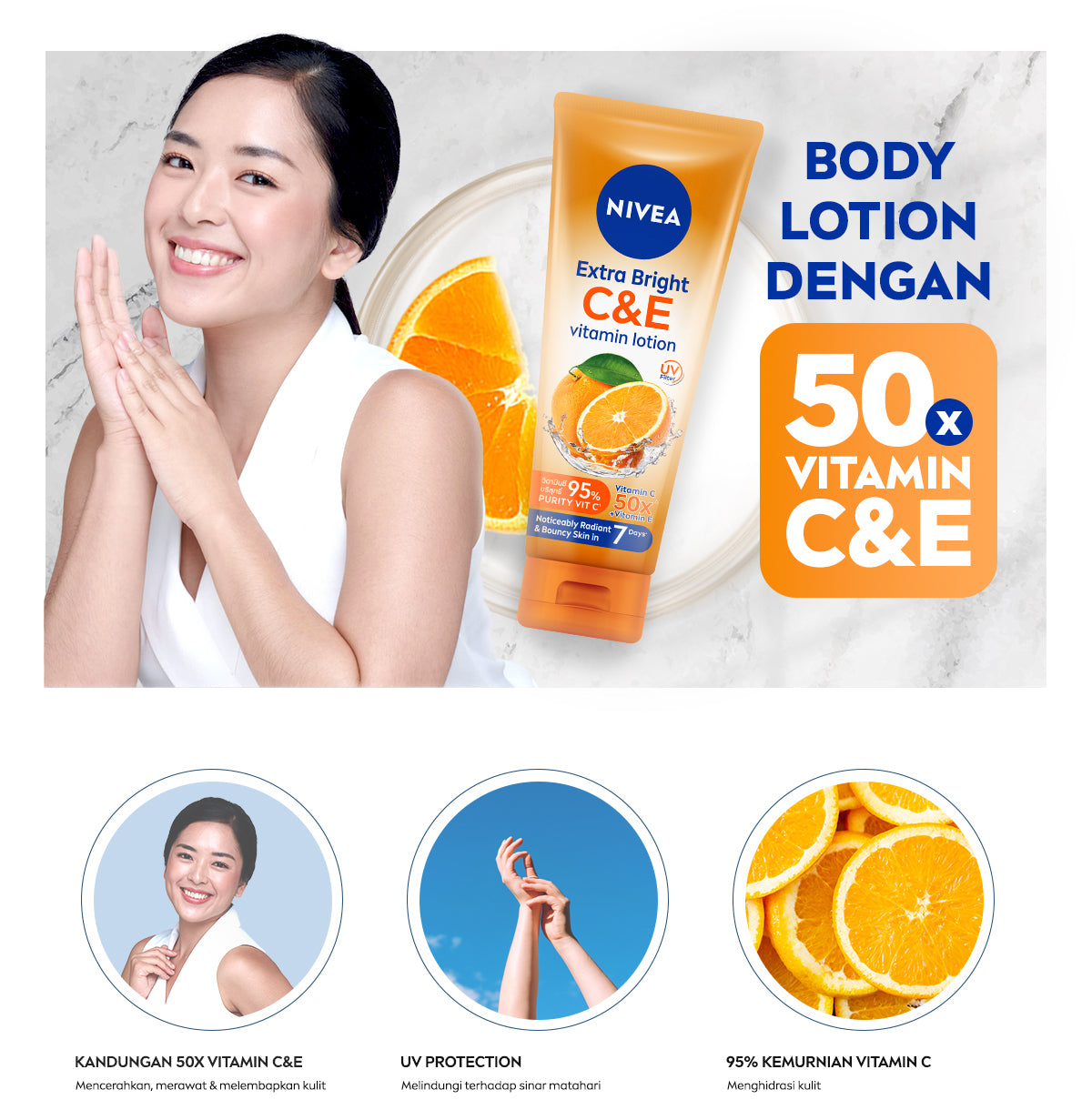 NIVEA Body Lotion Extra Bright C&E Vitamin Lotion 300ml - Handbody SPF serum UV Filter Thailand vitamin mencerahkan kulit kusam glowing brightening body care melembabkan kulit kering - 50x Vitamin C & E, Super Food, pelembap badan tone up kulit