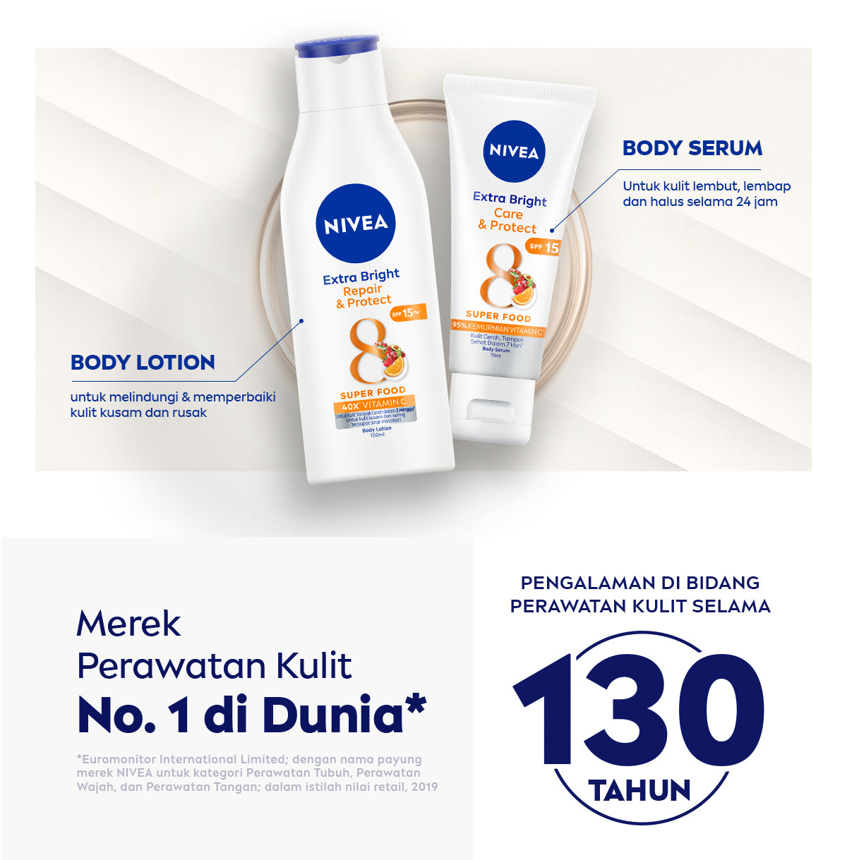 NIVEA Body Serum Extra Bright Care & Protect SPF 15 70ml - Hand body serum lotion moisturizer mencerahkan kulit kusam badan glowing brightening tone up melembabkan kering SPF UV matahari sunscreen - 95% Vitamin C, Grapeseed Oil, 8 Super food