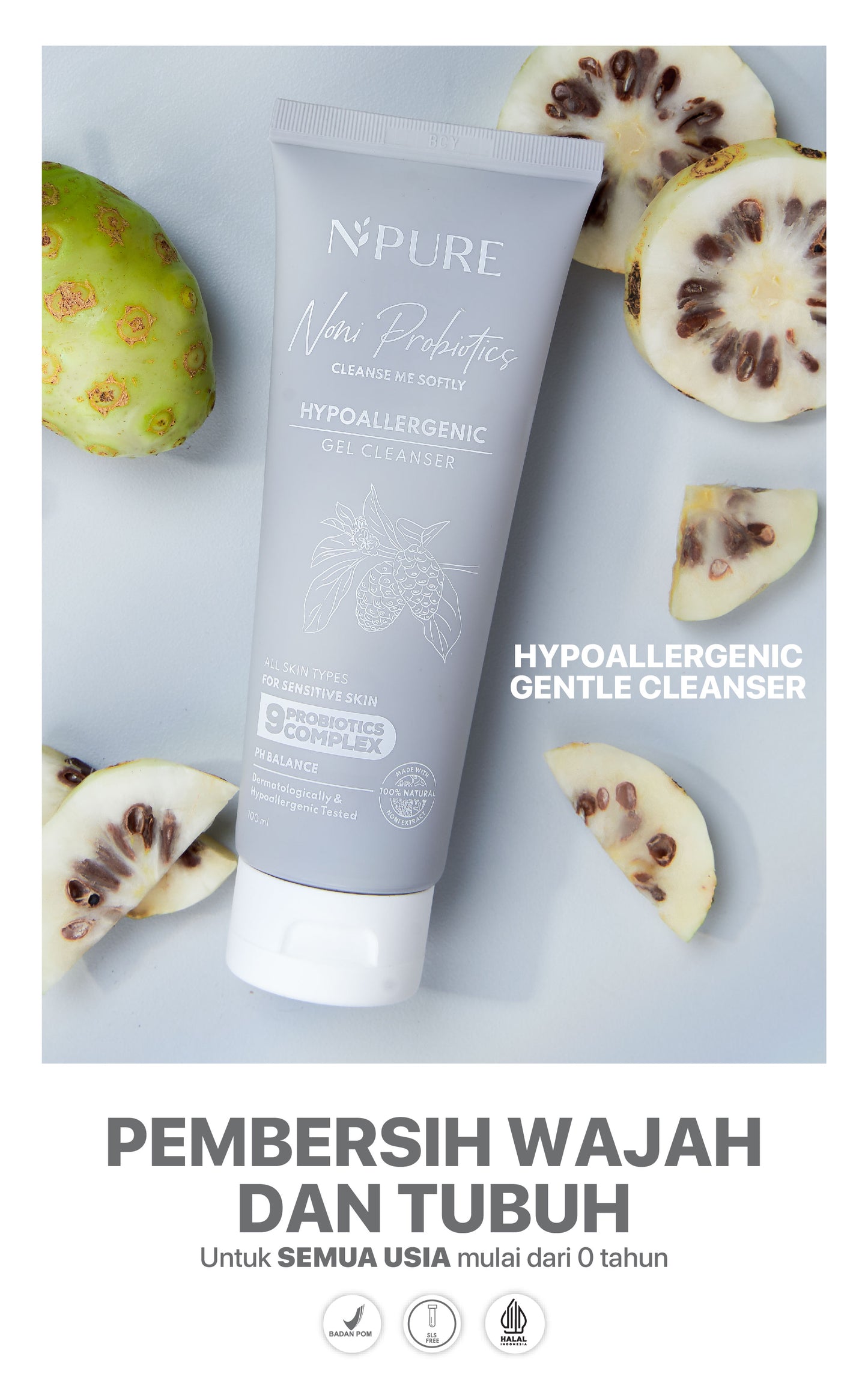 NPURE Cleanser Gel Noni 100ml / Sabun Muka Kulit Sensitif / Gentle Skin Cleanser / Pembersih Wajah Hypoallergenic / Eksim / Eczema / Semua Jenis Kulit